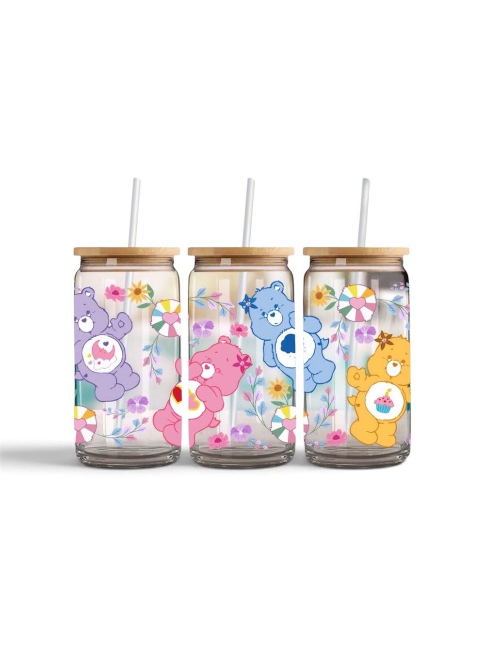 Care Bears Classic Glass Tumbler with Bamboo Lid Floral Glass Storage